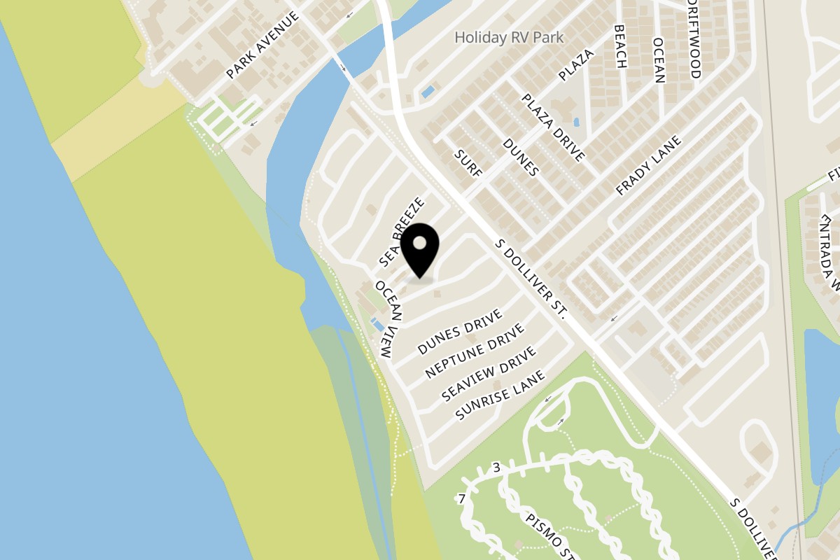 Map showing the location of Pismo Coast Village Grill on 165 S Dolliver St b in Pismo Beach